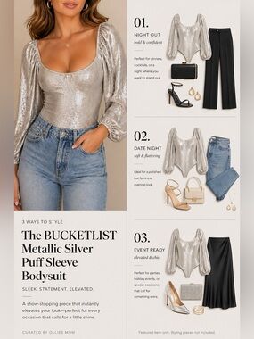 BUCKETLIST Metallic Silver Scoop Neck Puff Sleeve Bodysuit Large NWOT Unworns